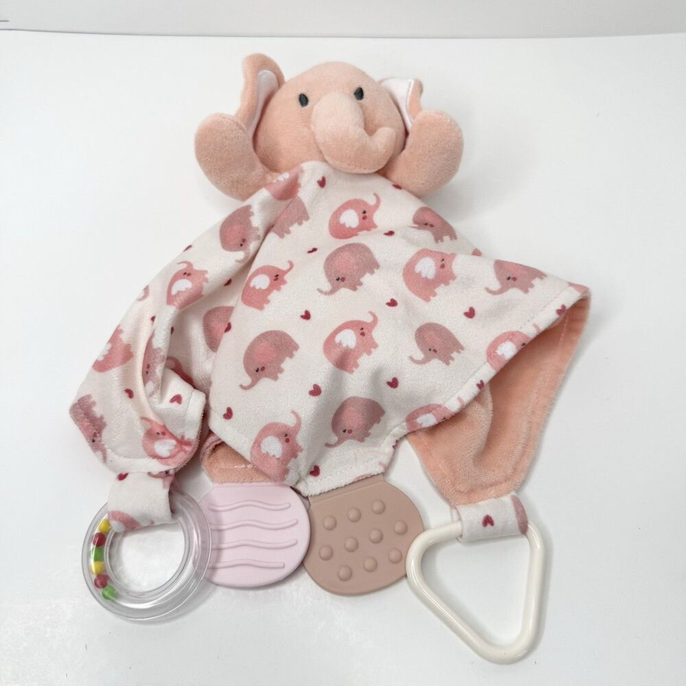 Modern Baby Pink Elephant Lovey Security Blanket Teether Plush Rattle Toy - Picture 2 of 8